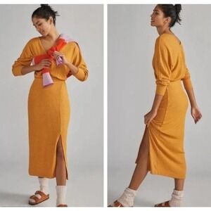 Daily Practice Anthropologie Barre Midi Dress Ribbed V-Neck Gold Knit Slit XS